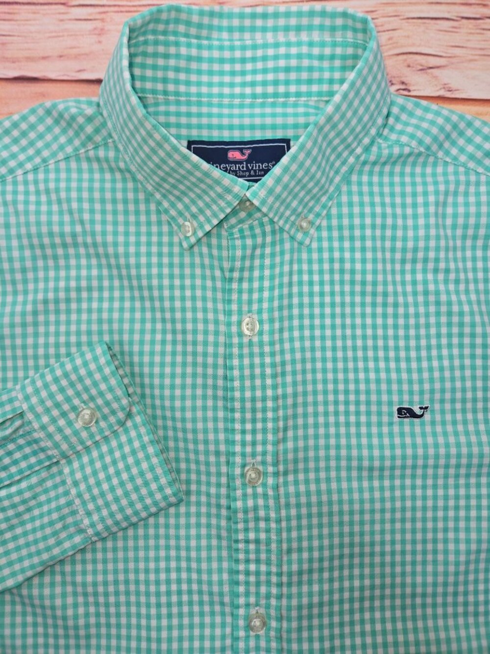 Vineyard Vines Mens Green Gingham Whale Shirt M Nylon Blend